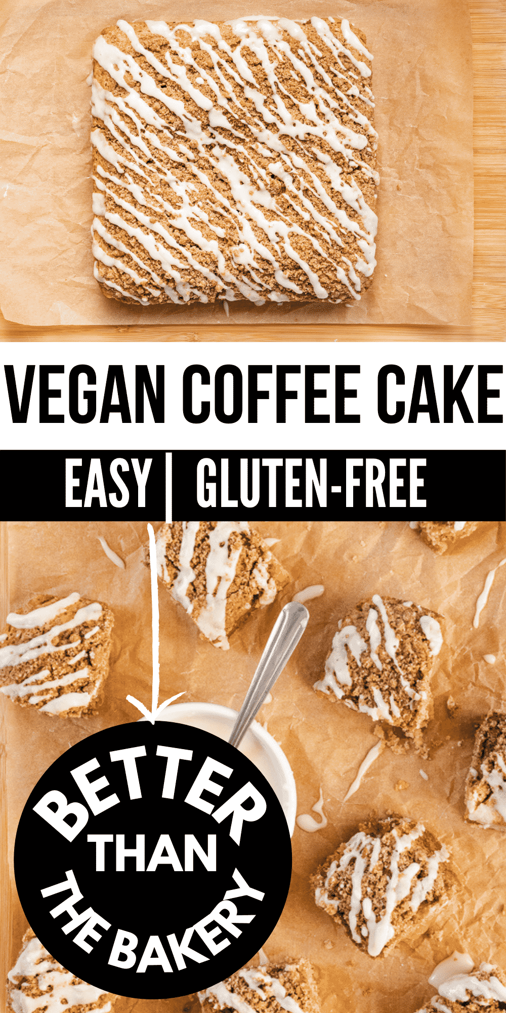 Vegan Coffee Cake is so easy to make! Add this simple icing drizzle over the cinnamon streusel topping for the best sweet breakfast treat that's perfect for holiday mornings.