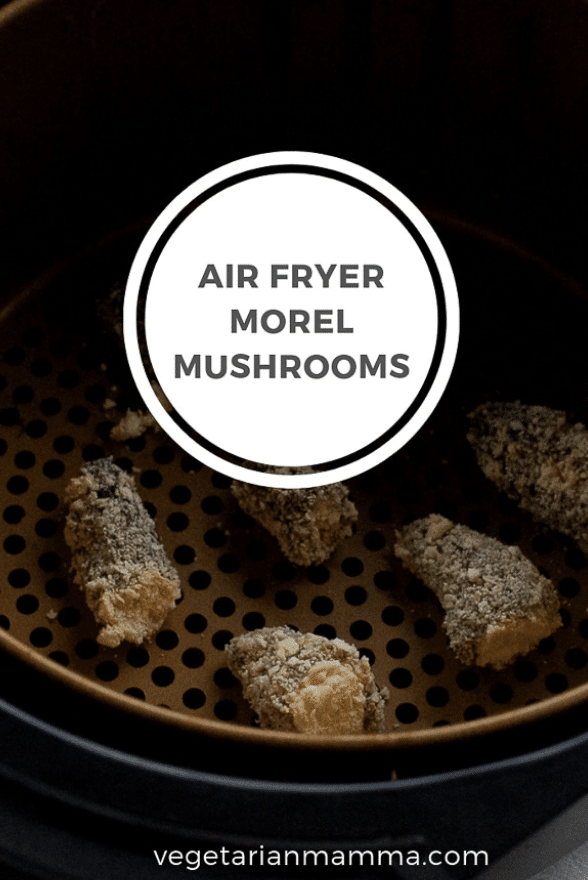 Air Fryer Morel Mushrooms pin with text overlay in a white circle with grey words
