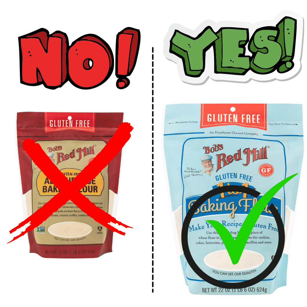 images of bobs red mill gluten free flour bags red and blue. blue bag has green check and red bag has red check