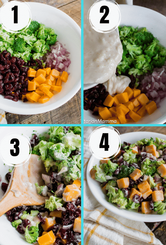 photo collage of four images showing the steps to make broccoli salad