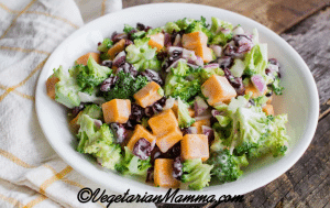 broccoli cranberry salad that is mixed and ready to serve.