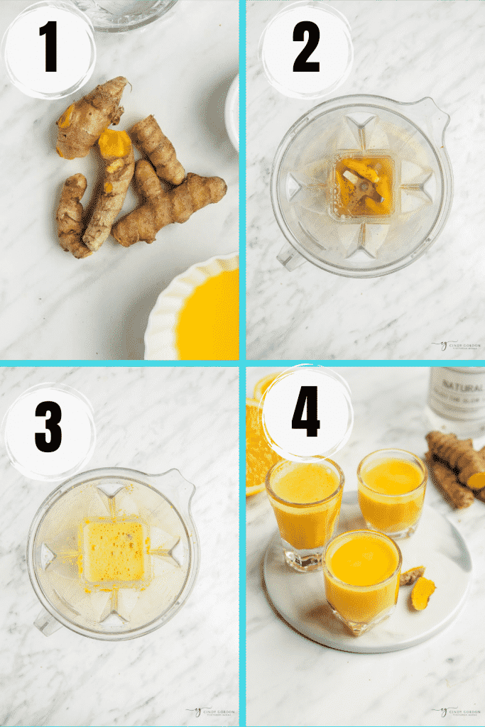 4 step picture collage showing how to make turmeric shot. Peel fresh turmeric, put ingredients in blender and enjoy