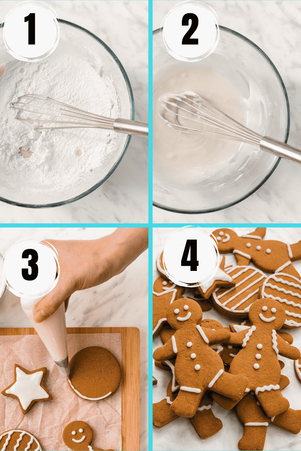 Collage of 4 steps to make royal icing and decorate gingerbread cookies