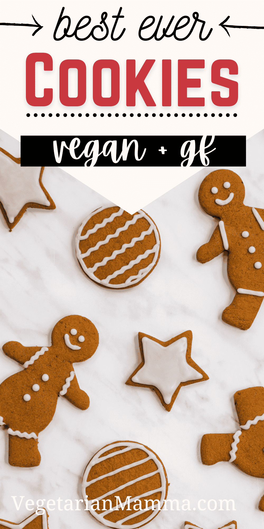 Decorated gingerbread cookies on a marble countertop with overlay text