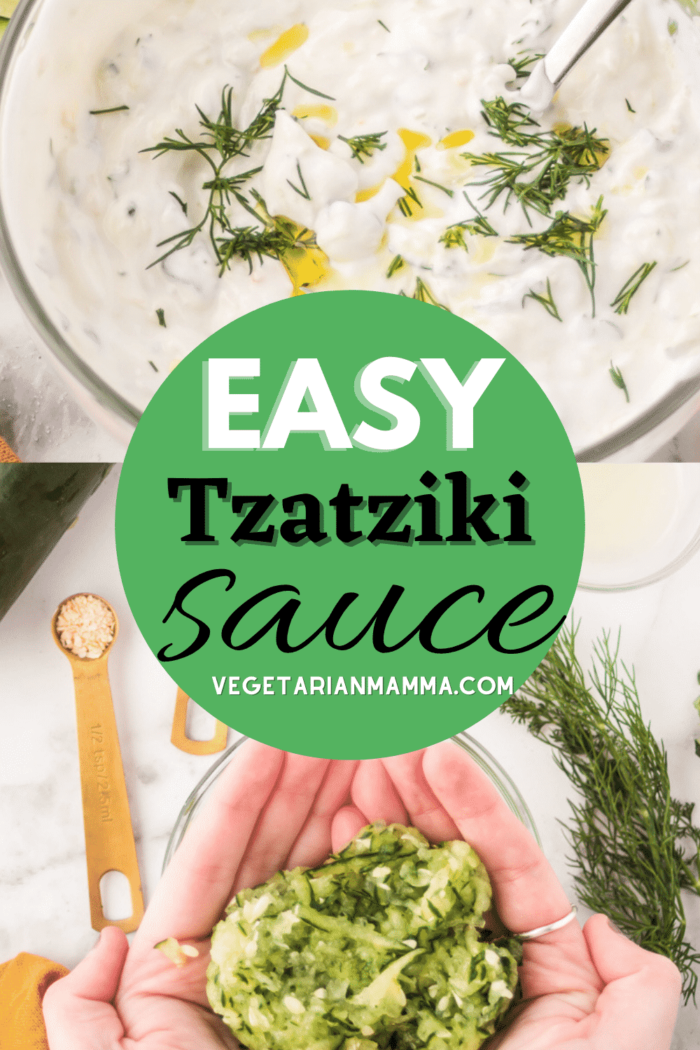 This Mediterranean Sauce is so creamy and perfect on everything! Whip it together in just a few minutes with tangy Greek yogurt, lemon juice, and of course cucumbers. #tzatzikisauce #greek