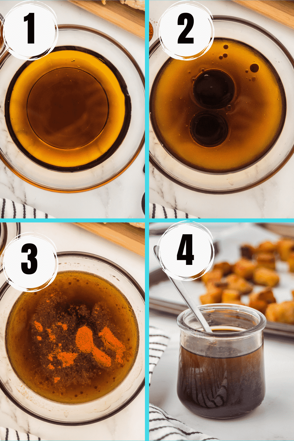 A collage of 4 steps to make a simple homemade tempeh marinade