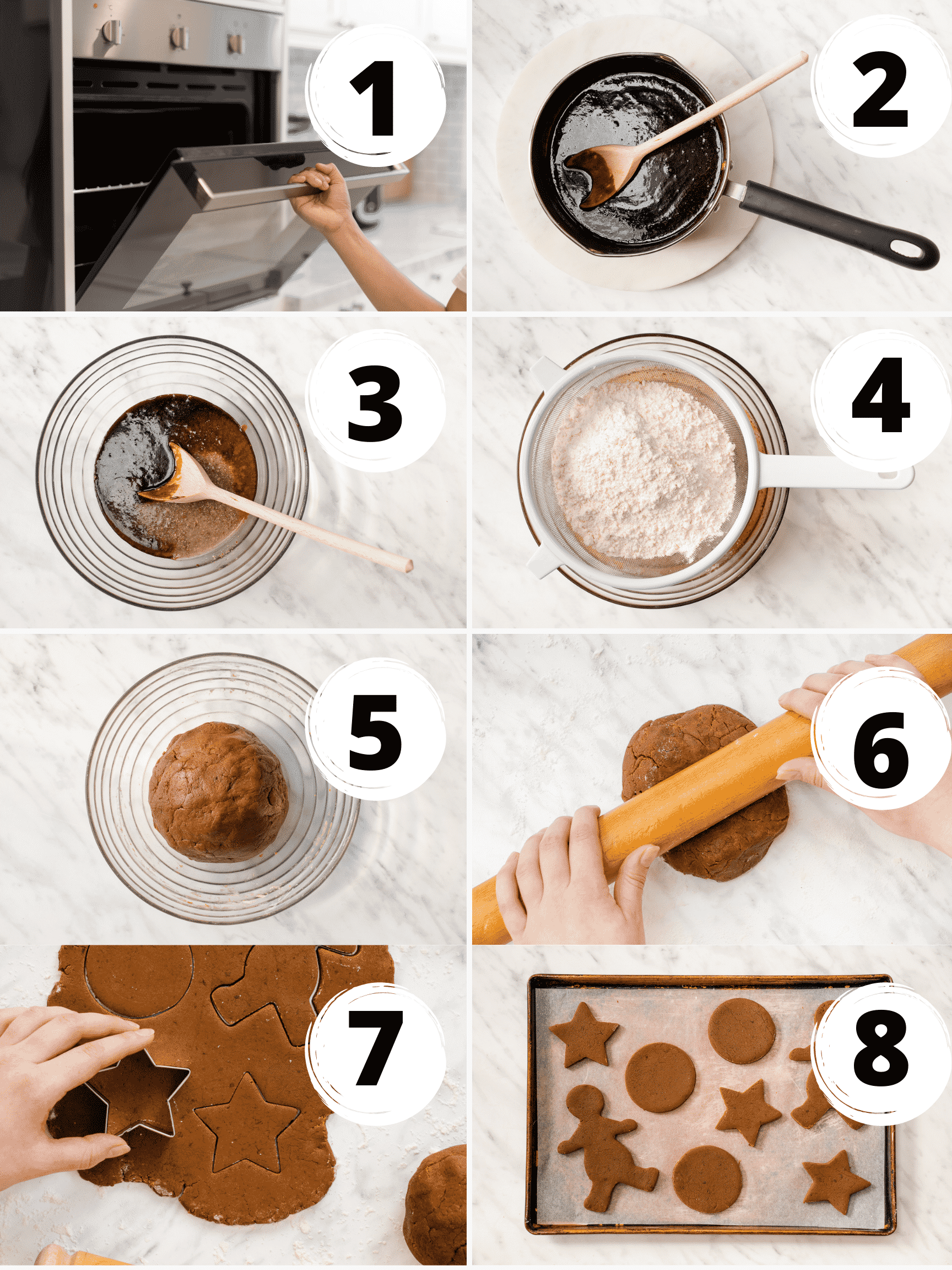 Collage of 8 steps to make vegan gingerbread cookies from scratch