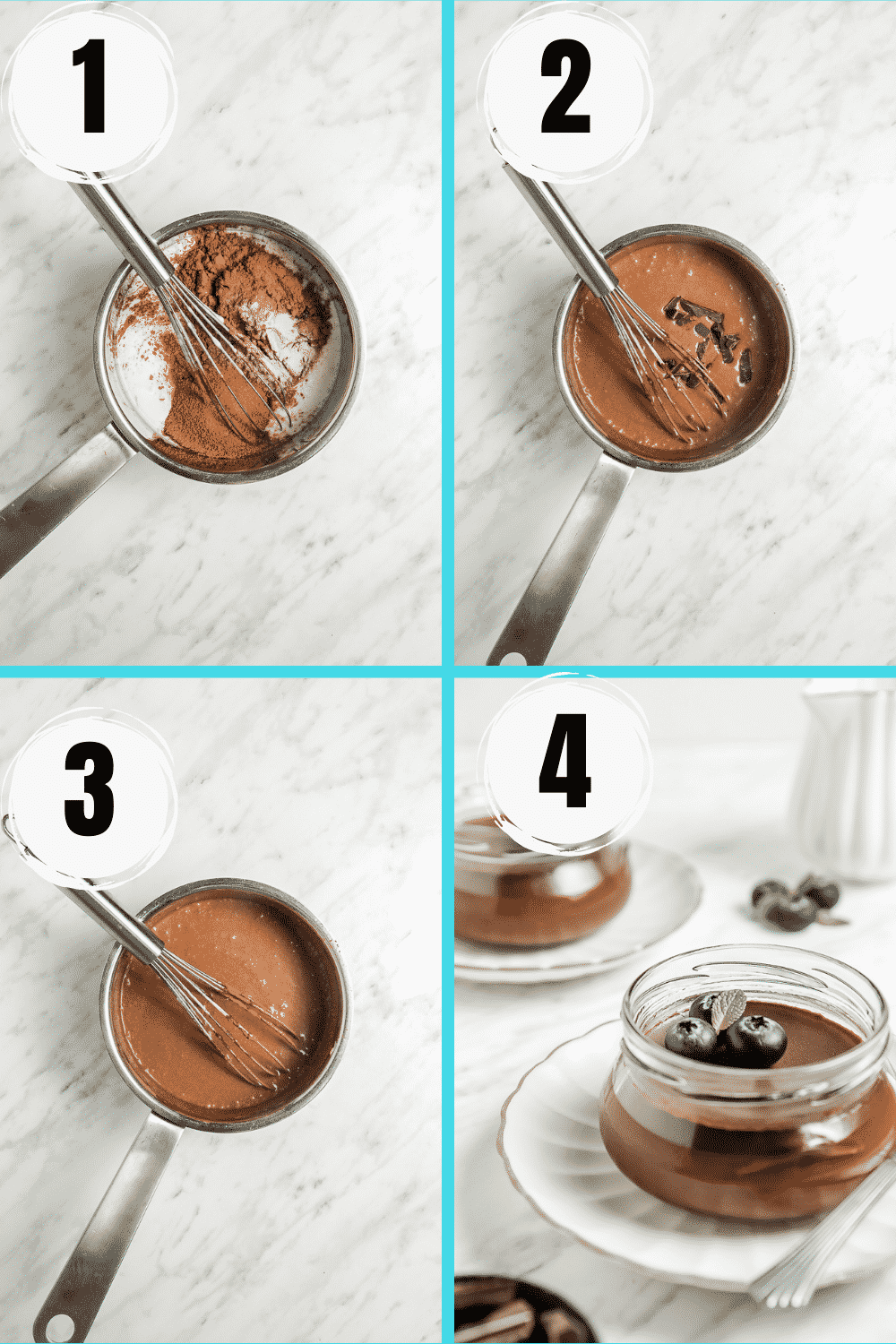 A collage of 4 steps to make the best vegan chocolate panna cotta