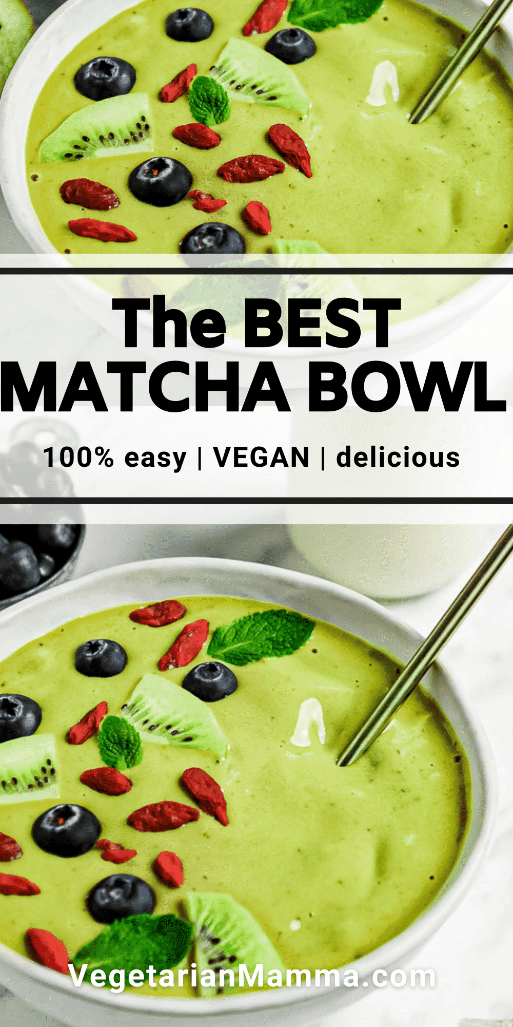 This vegan matcha bowl is a delicious and refreshing light meal for any part of the day. You can easily turn this matcha bowl into a matcha smoothie by pouring into a glass and enjoying with a straw!