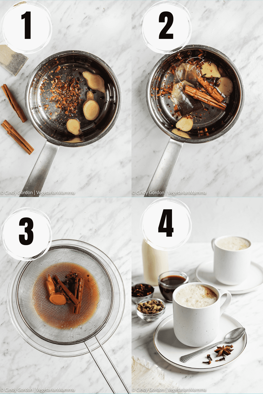 photo collage of four steps needed to make vegan dirty chai latte