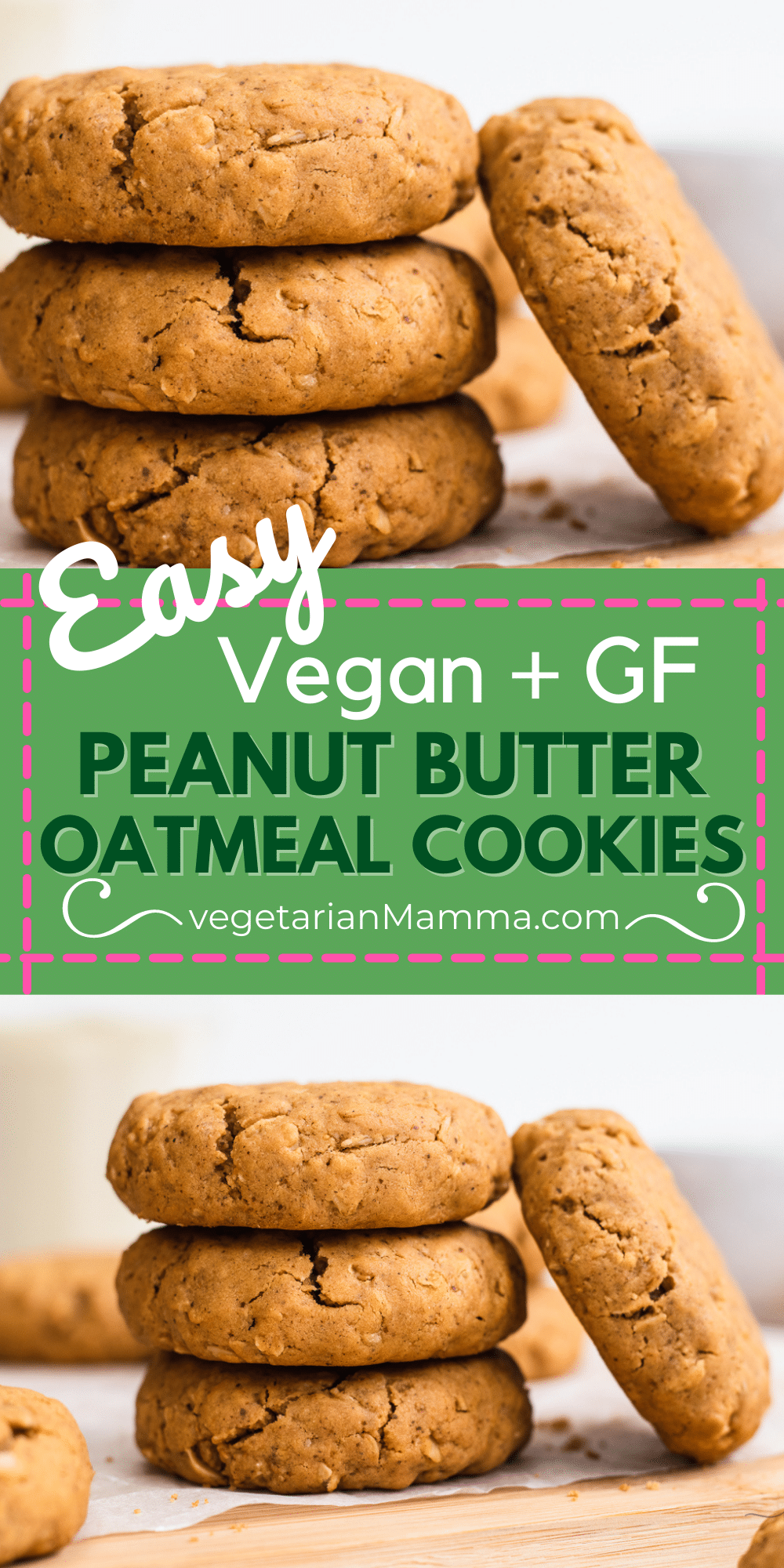 These Vegan Peanut Butter Oatmeal Cookies are so moist and gluten free, too! Made with rolled oats, natural peanut butter, and gluten-free flour, these are the easiest cookies to make without a mixer.