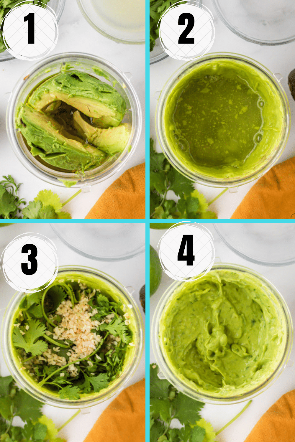 photo collage showing four steps needed to make vegan avocado dressing