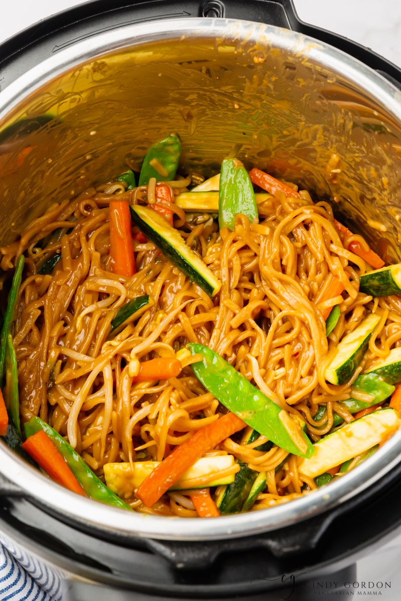 instant pot with cooked noodles with brown sauce and carrots, snow peas and zucchini