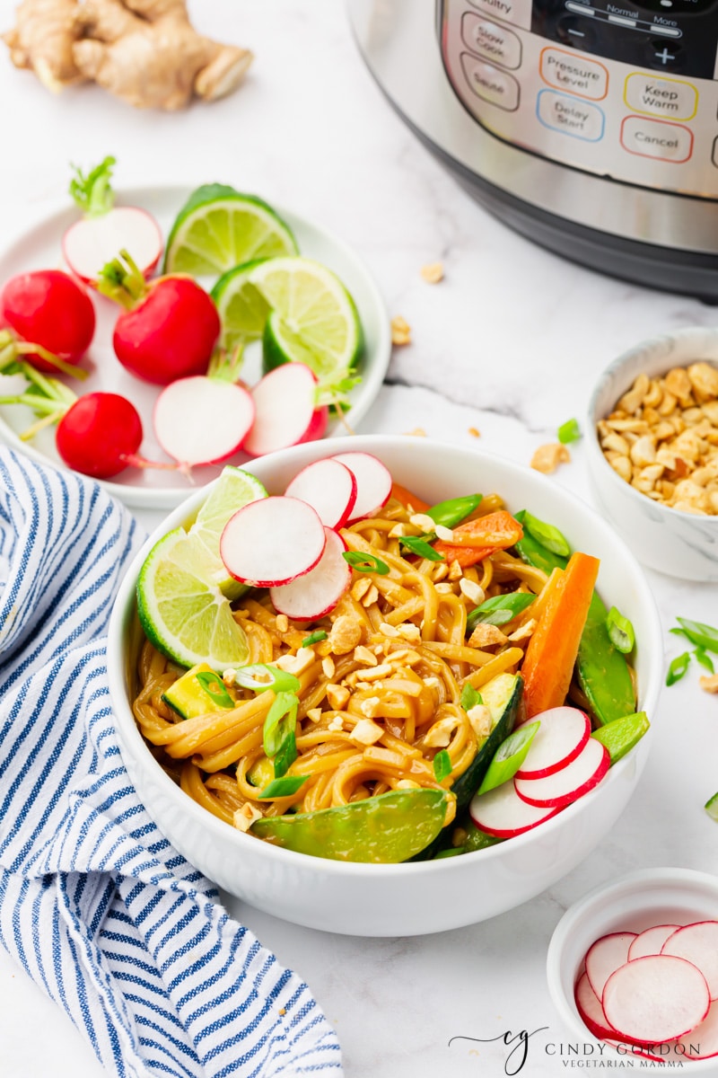 instant pot with cooked noodles with brown sauce and carrots, snow peas and zucchini