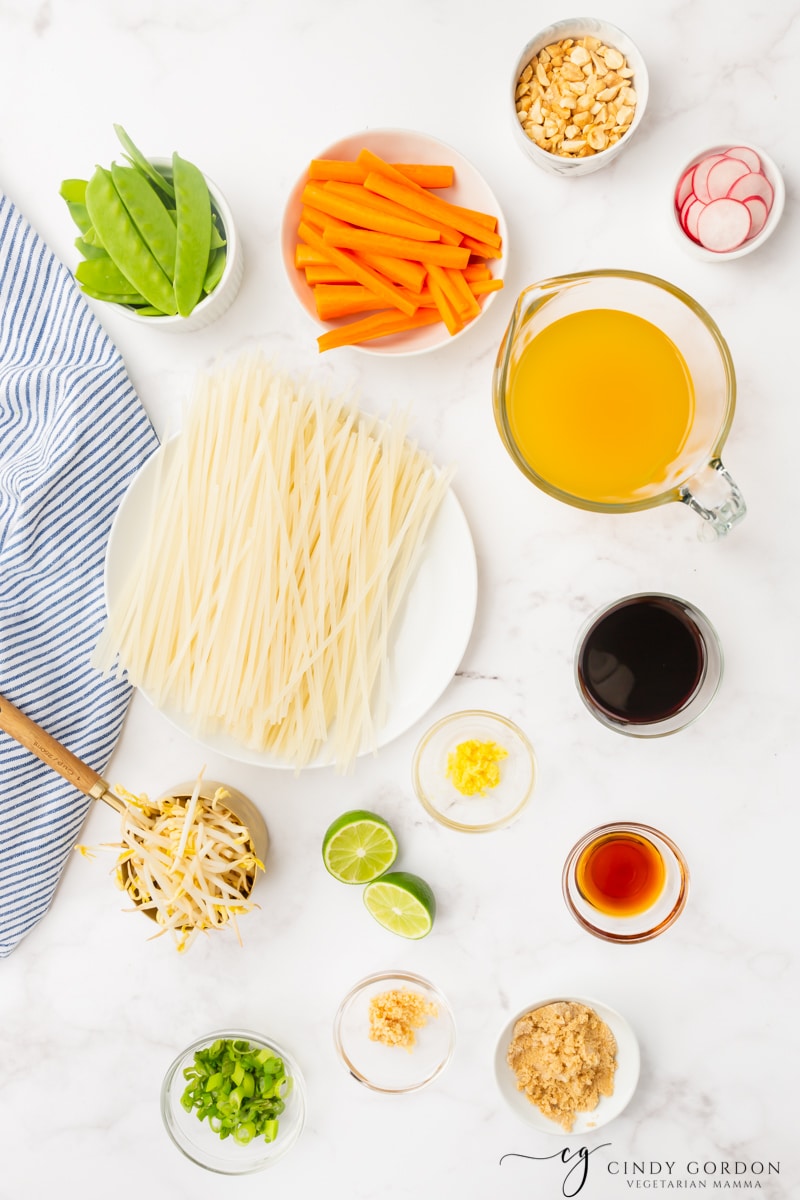 Ingredients for instant pot pad thai, each in separate bowls