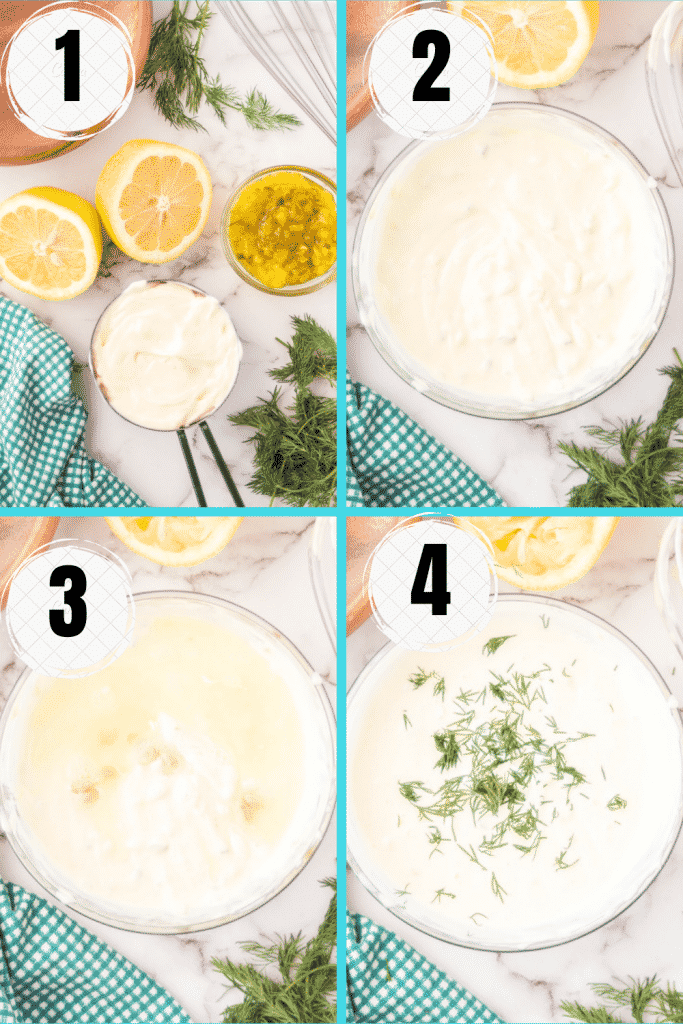 photo collage showing four steps needed to make vegan tartar sauce