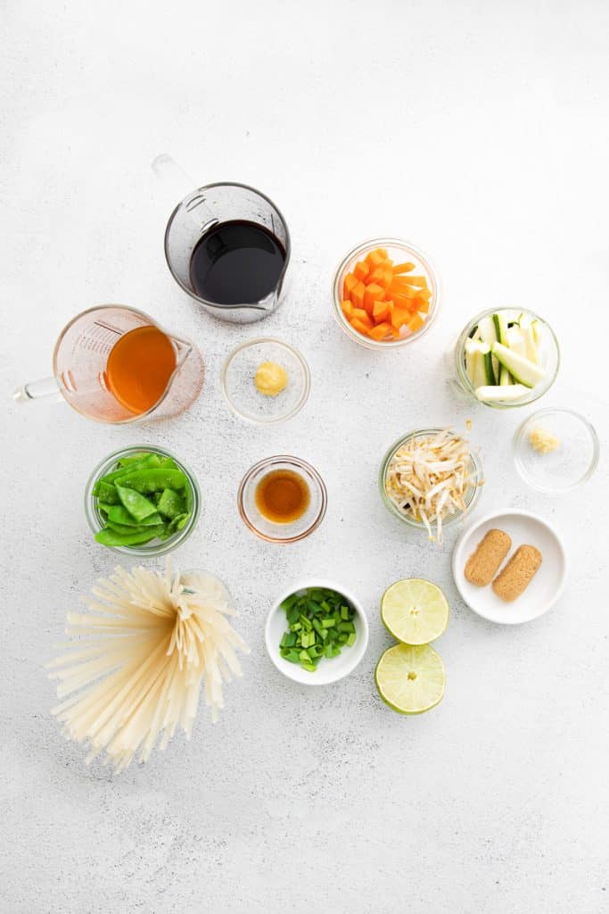 Ingredients for instant pot pad thai, each in separate bowls