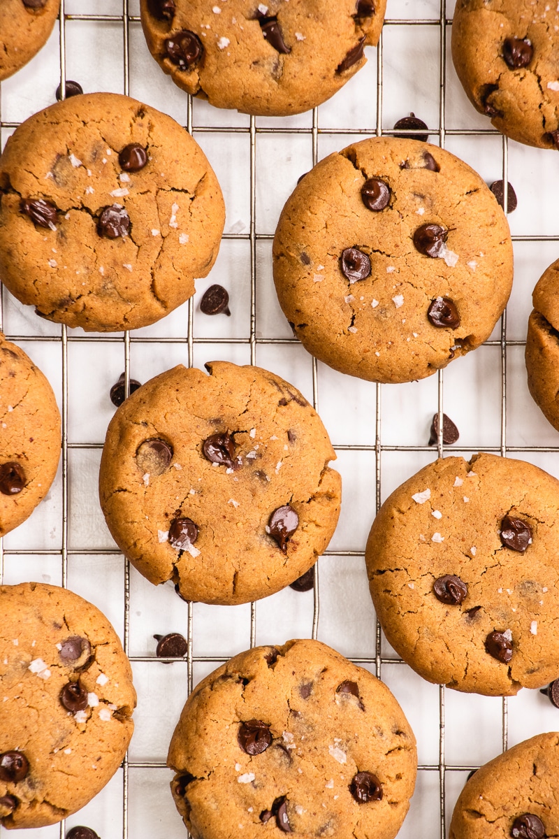 Vegan peanut butter chocolate chip cookies on a wire cooling rack