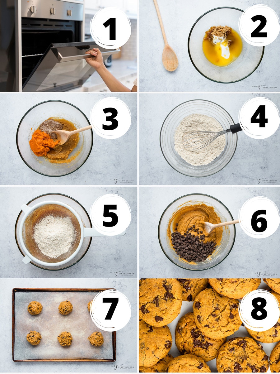 Collage of steps to make chewy gluten-free pumpkin chocolate chip cookies 