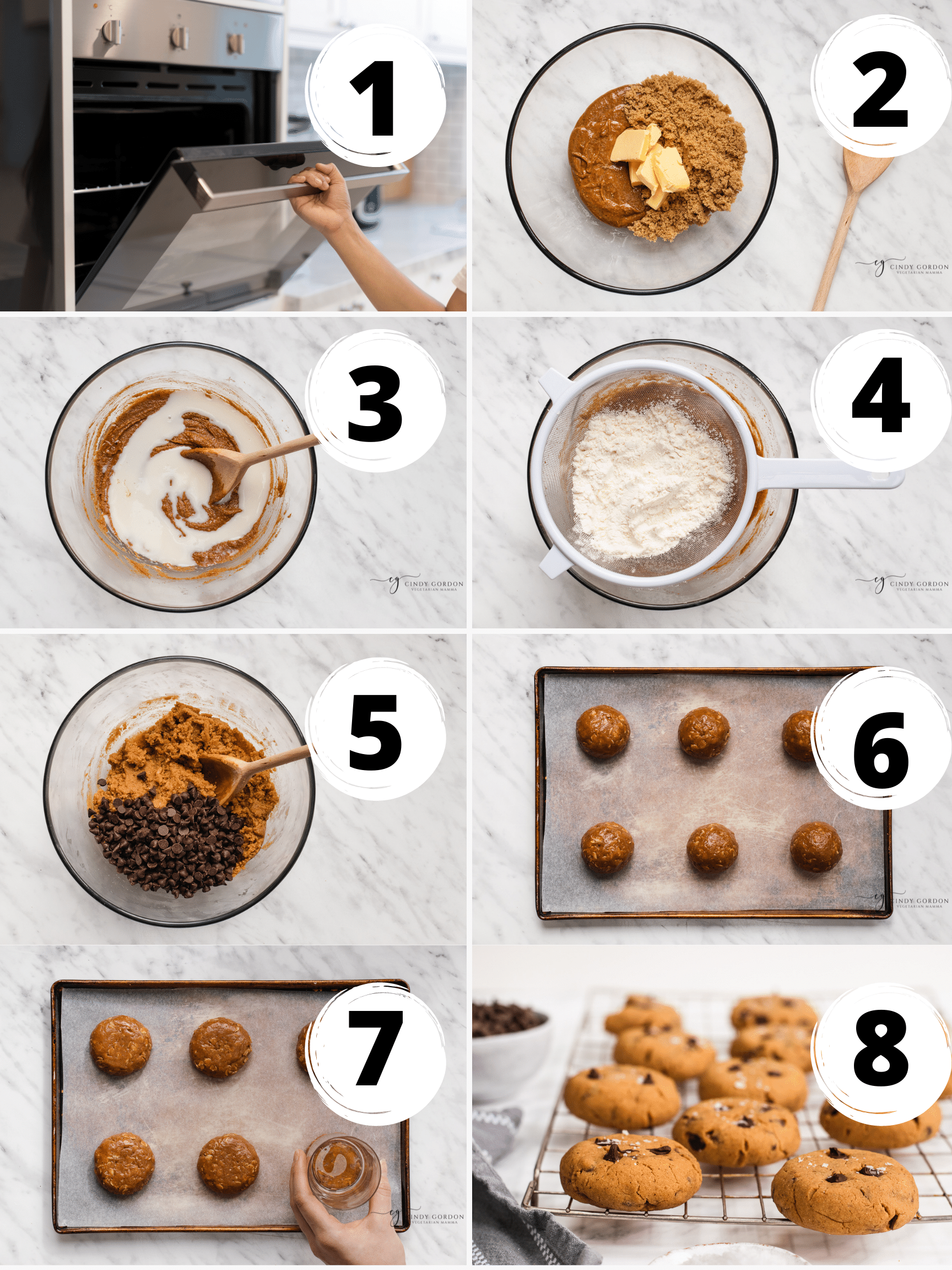A collage of 8 steps to make fluffy vegan peanut butter cookies with chocolate chips