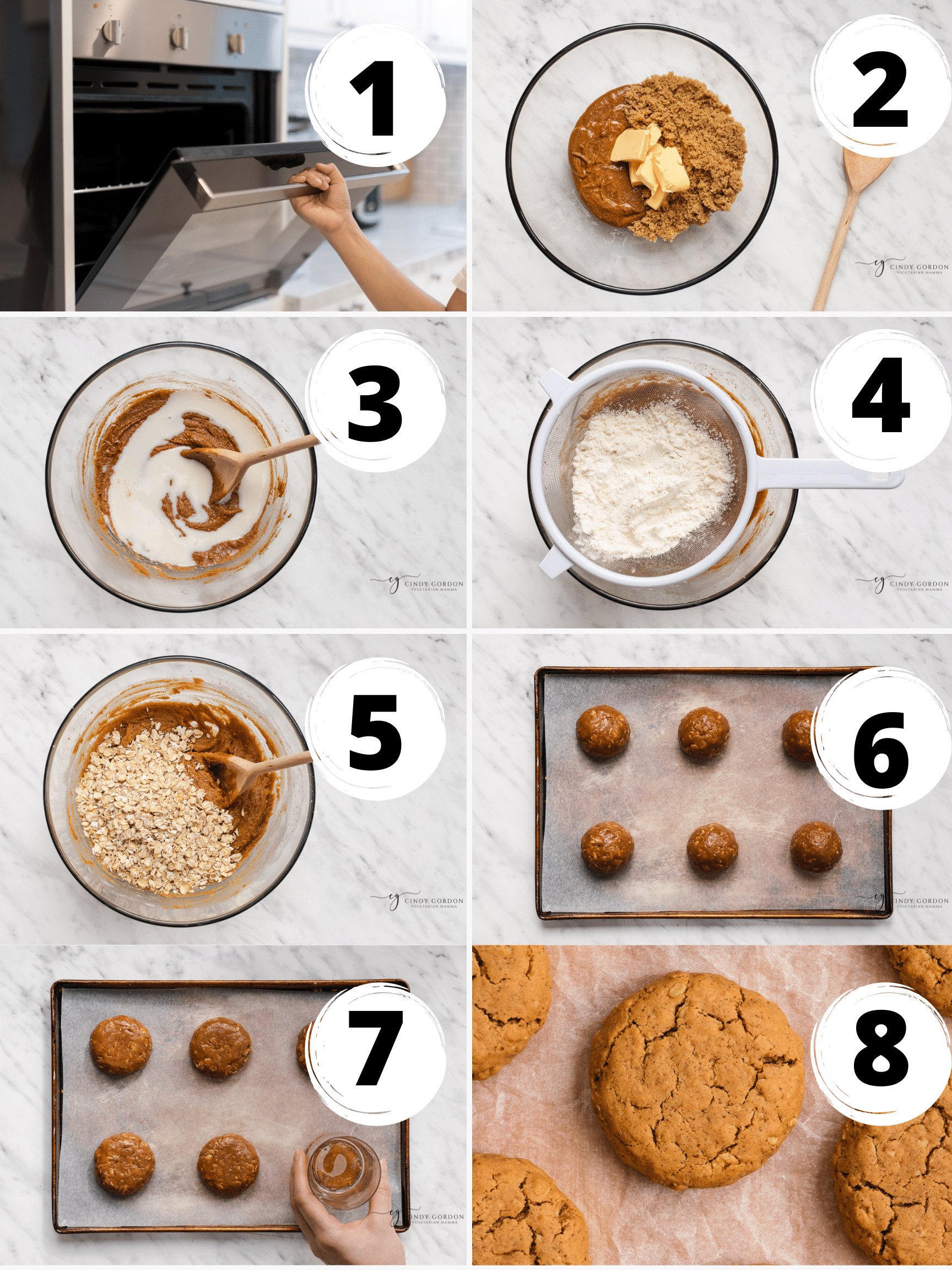 A collage of 8 steps to make vegan peanut butter oatmeal cookies from scratch