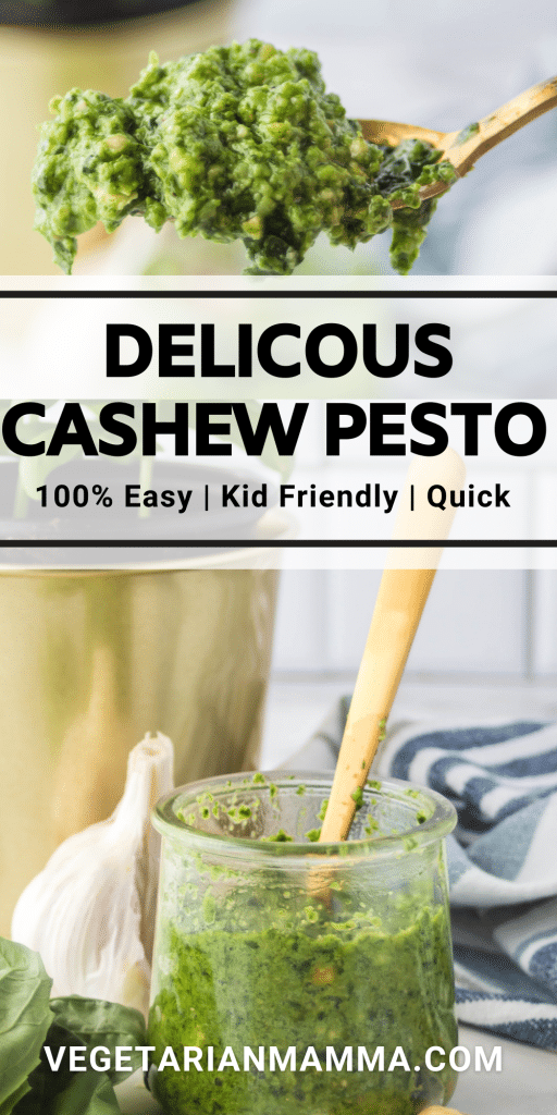 photo collage of cashew pesto images with text overlay