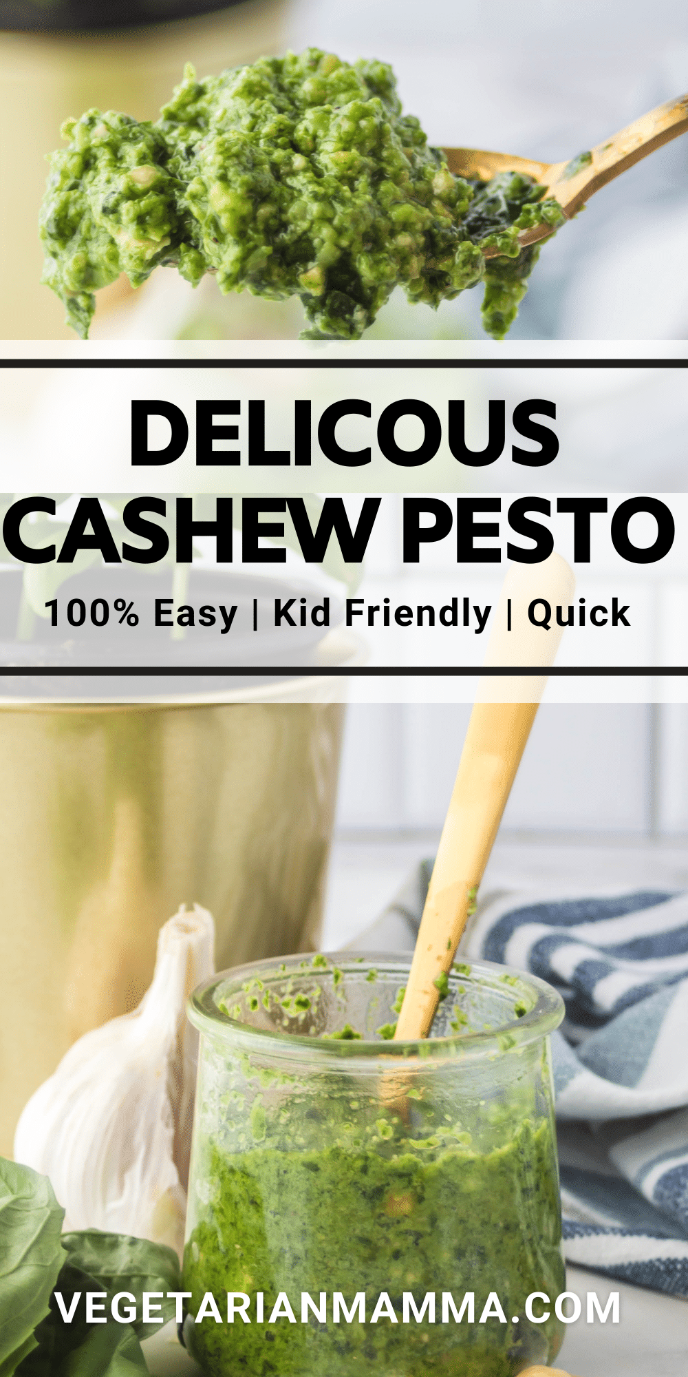 Homemade Cashew Pesto is so easy to make! Use cashews rather than pine nuts to make a nutty, herby spread that will add flavor and character to so many different meals. #pesto #cashewpesto