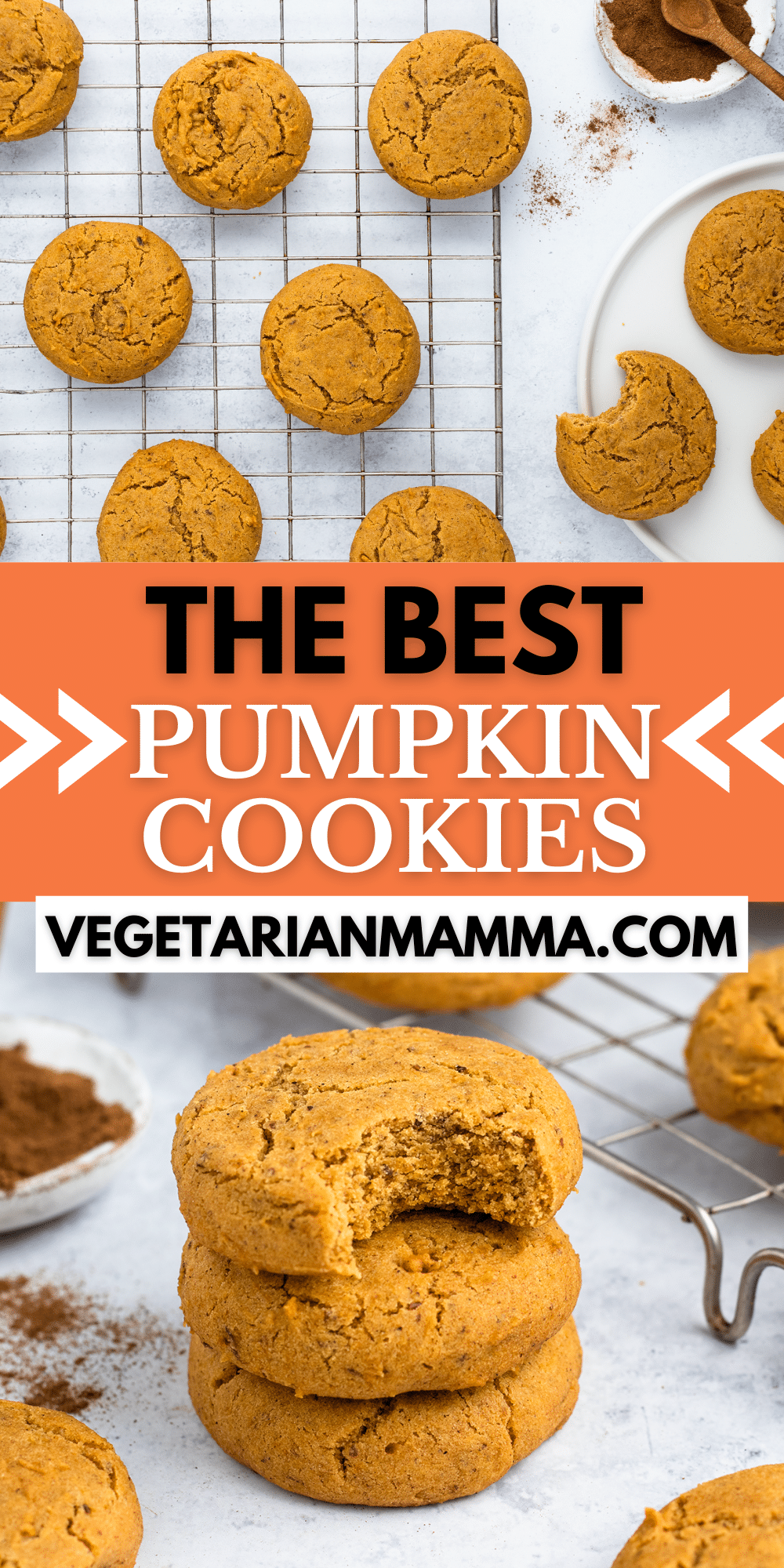 A stack of vegan pumpkin cookies with a bite out of the top cookie with overlay text