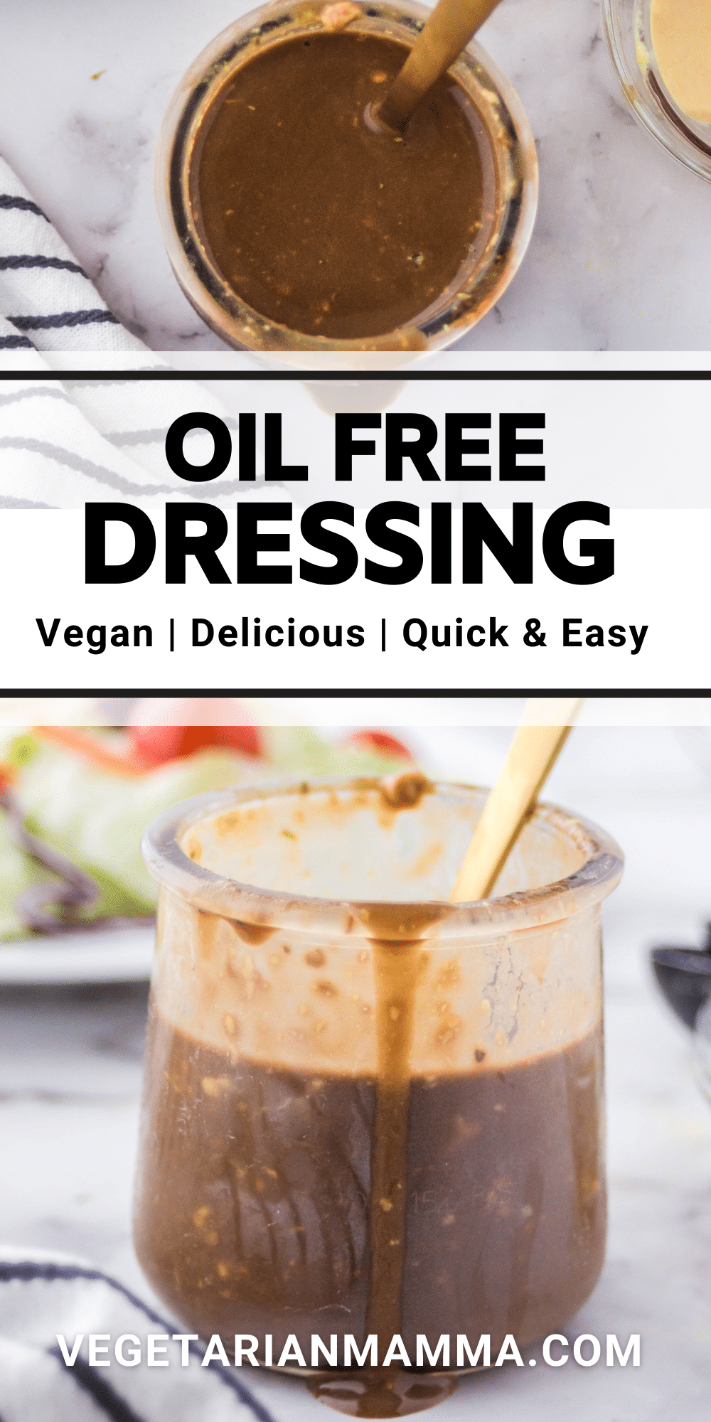 This vegan balsamic oil free salad dressing is low calorie and high in flavor. Packed with sweet and savory flavor notes, this will become your go-to salad dressing, and it's so easy to make. #salad #oilfreedressing