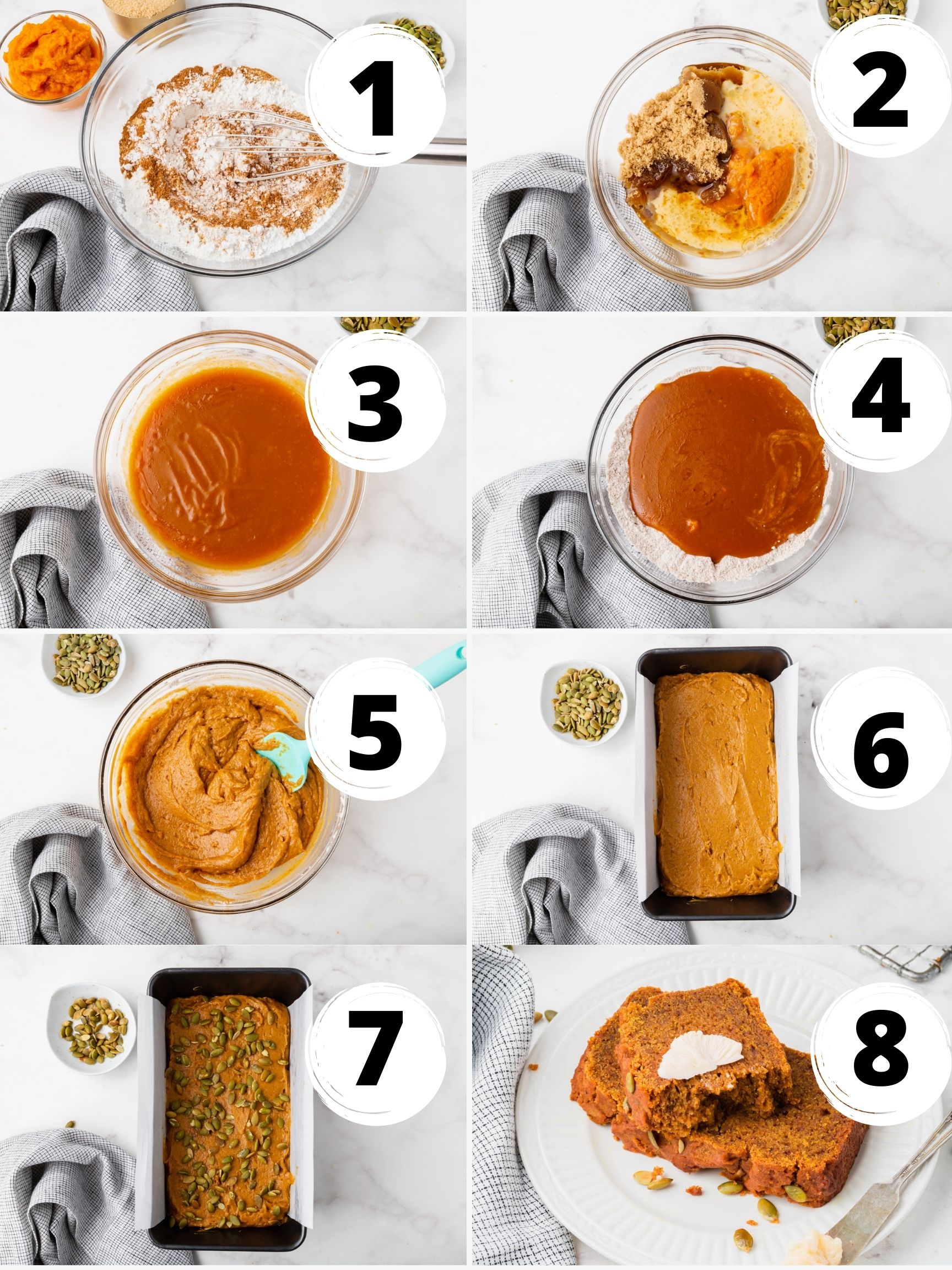 Collage of 8 steps to make vegan pumpkin bread 