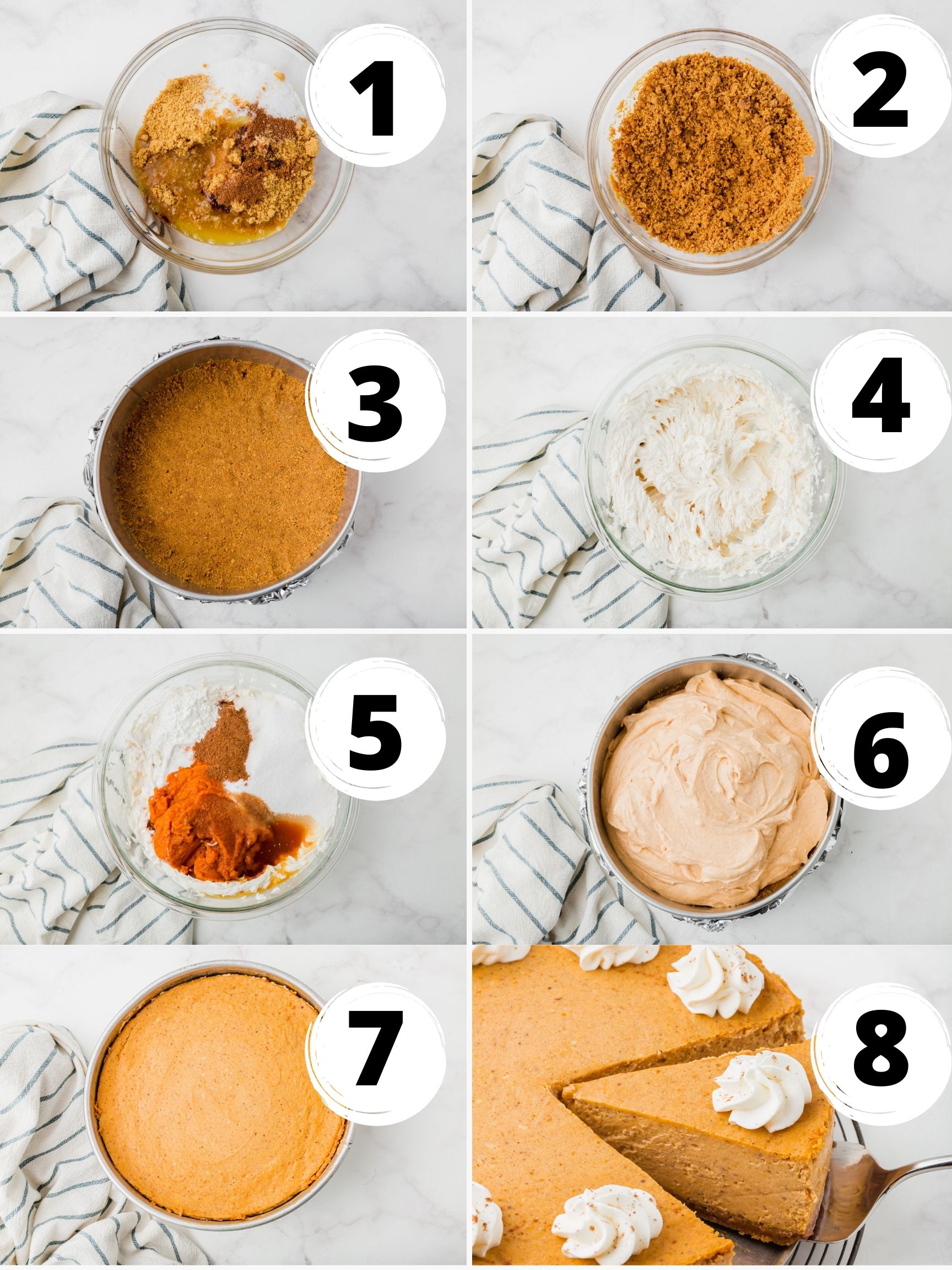 Collage of 8 steps to make creamy vegan pumpkin cheesecake