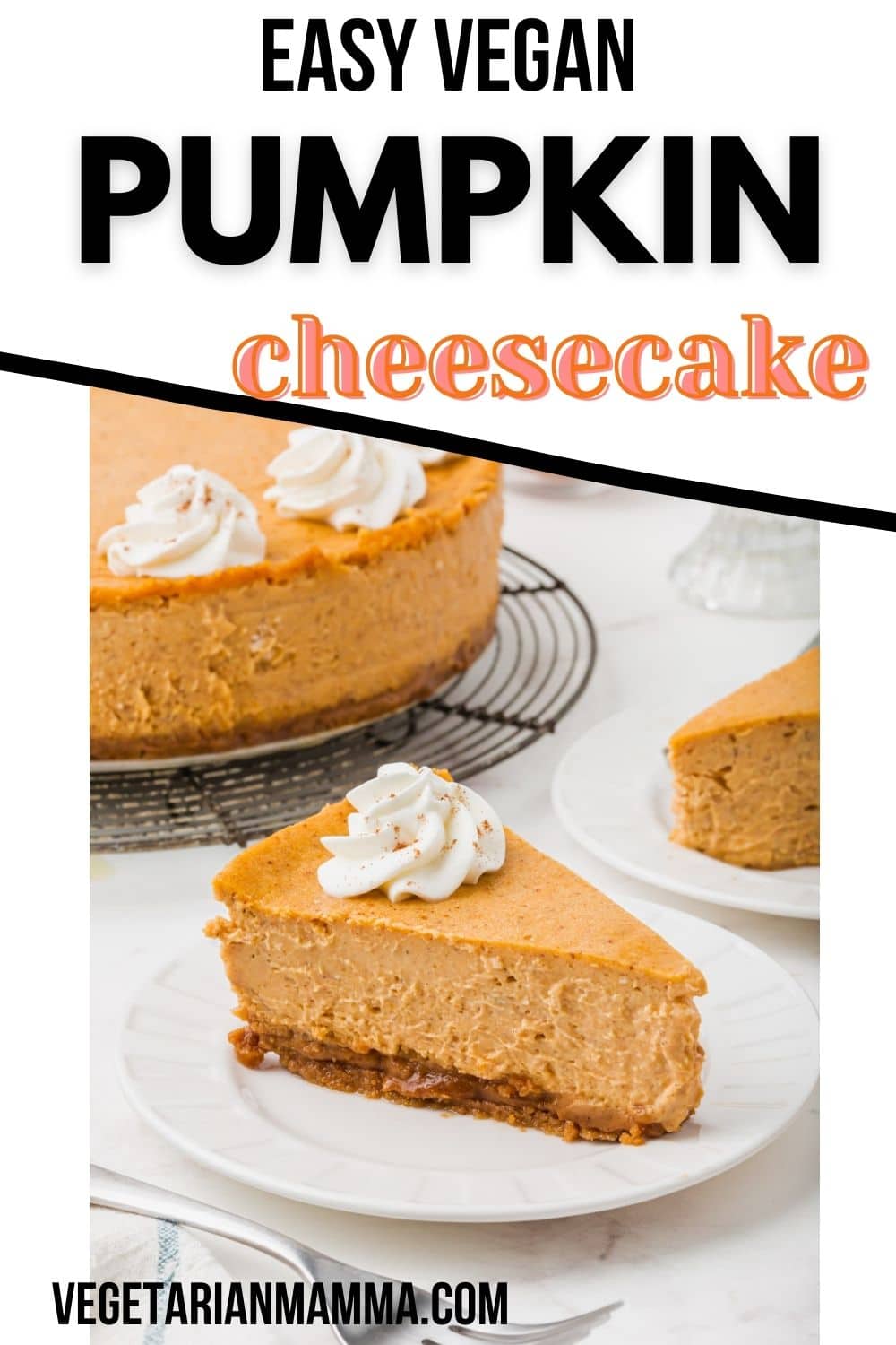 Vegan Pumpkin Cheesecake is luscious, creamy, and so easy! Make this amazing vegan dessert for holiday dinners packed with pumpkin spice flavor.