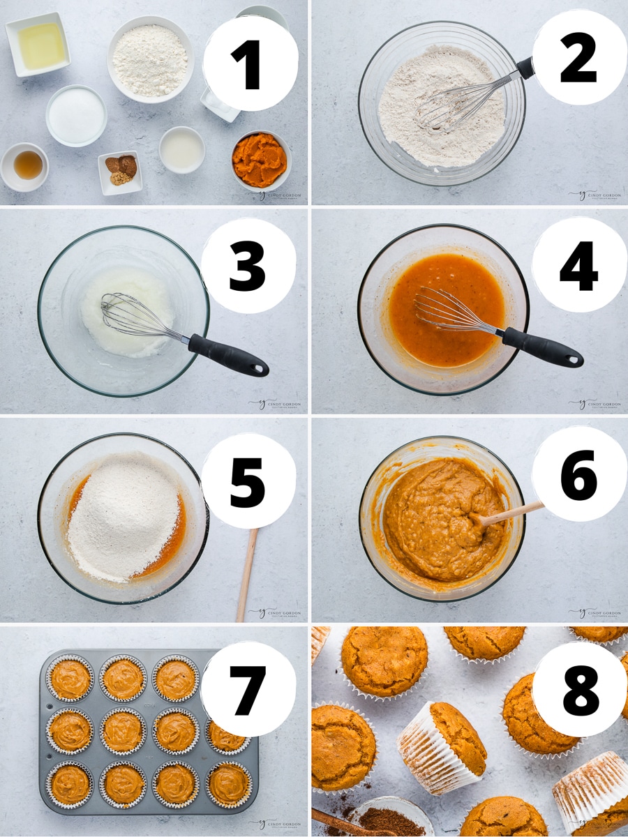 Collage of 8 steps to make the best vegan pumpkin muffins