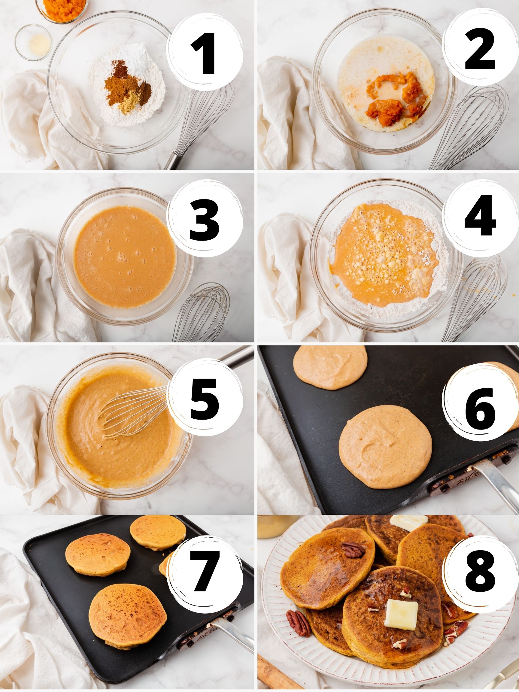 Collage of 8 steps to make vegan pumpkin pancakes on a griddle