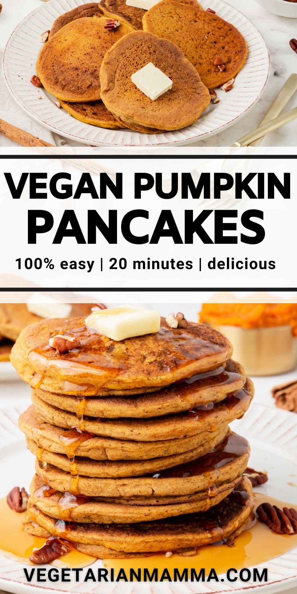 Vegan Pumpkin Pancakes are the fall breakfast recipe you've been missing! Pumpkin puree pancakes are ready in just 20 minutes with all the fall flavors like cinnamon, nutmeg, ginger, and cloves. #pumpkinpancakes