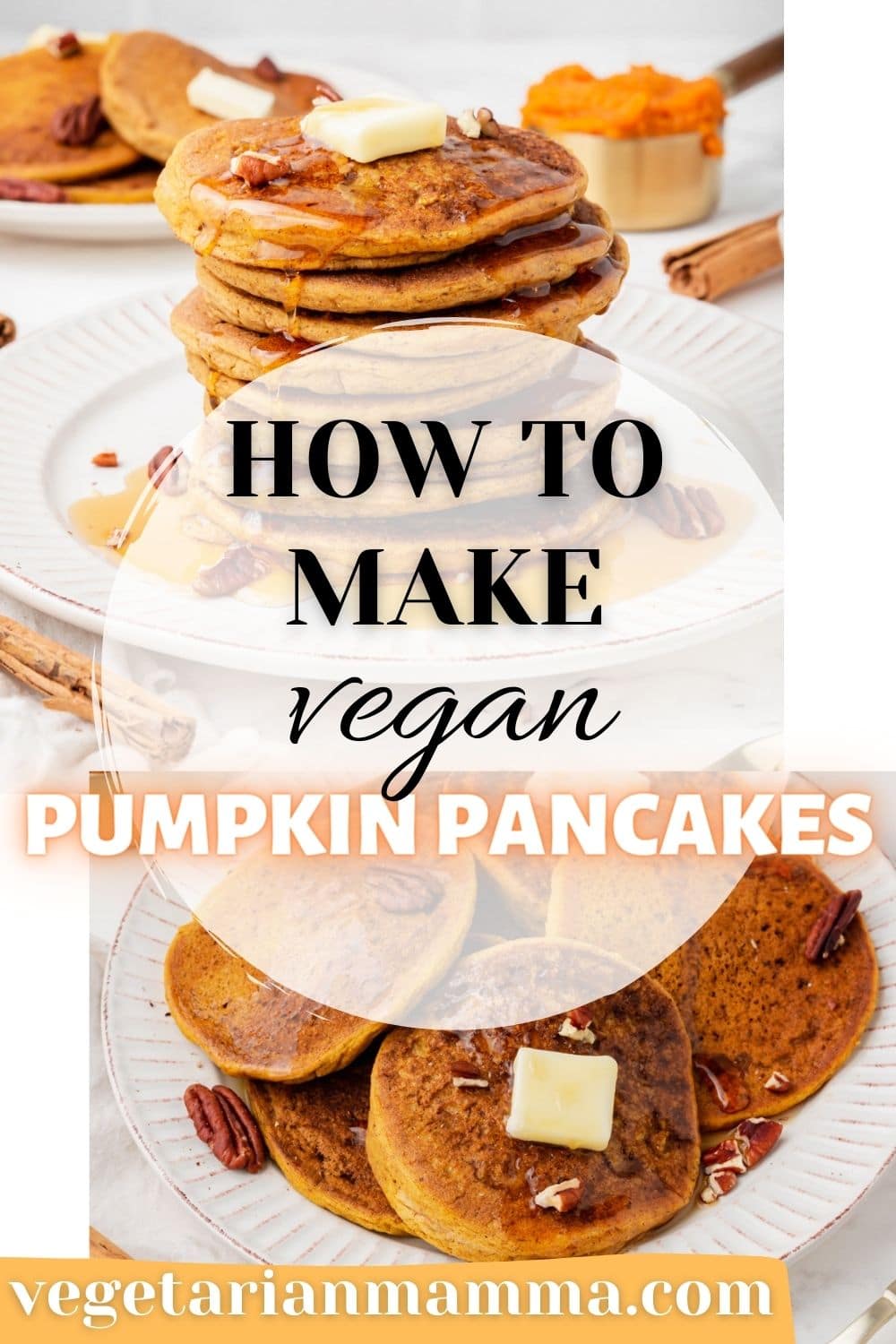 Vegan Pumpkin Pancakes are the fall breakfast recipe you've been missing! Pumpkin puree pancakes are ready in just 20 minutes with all the fall flavors like cinnamon, nutmeg, ginger, and cloves. #pumpkinpancakes