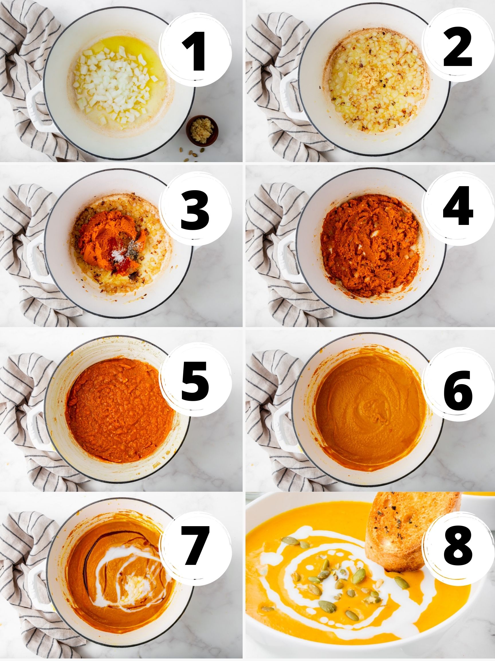 Collage of 8 steps to make the best vegan pumpkin soup