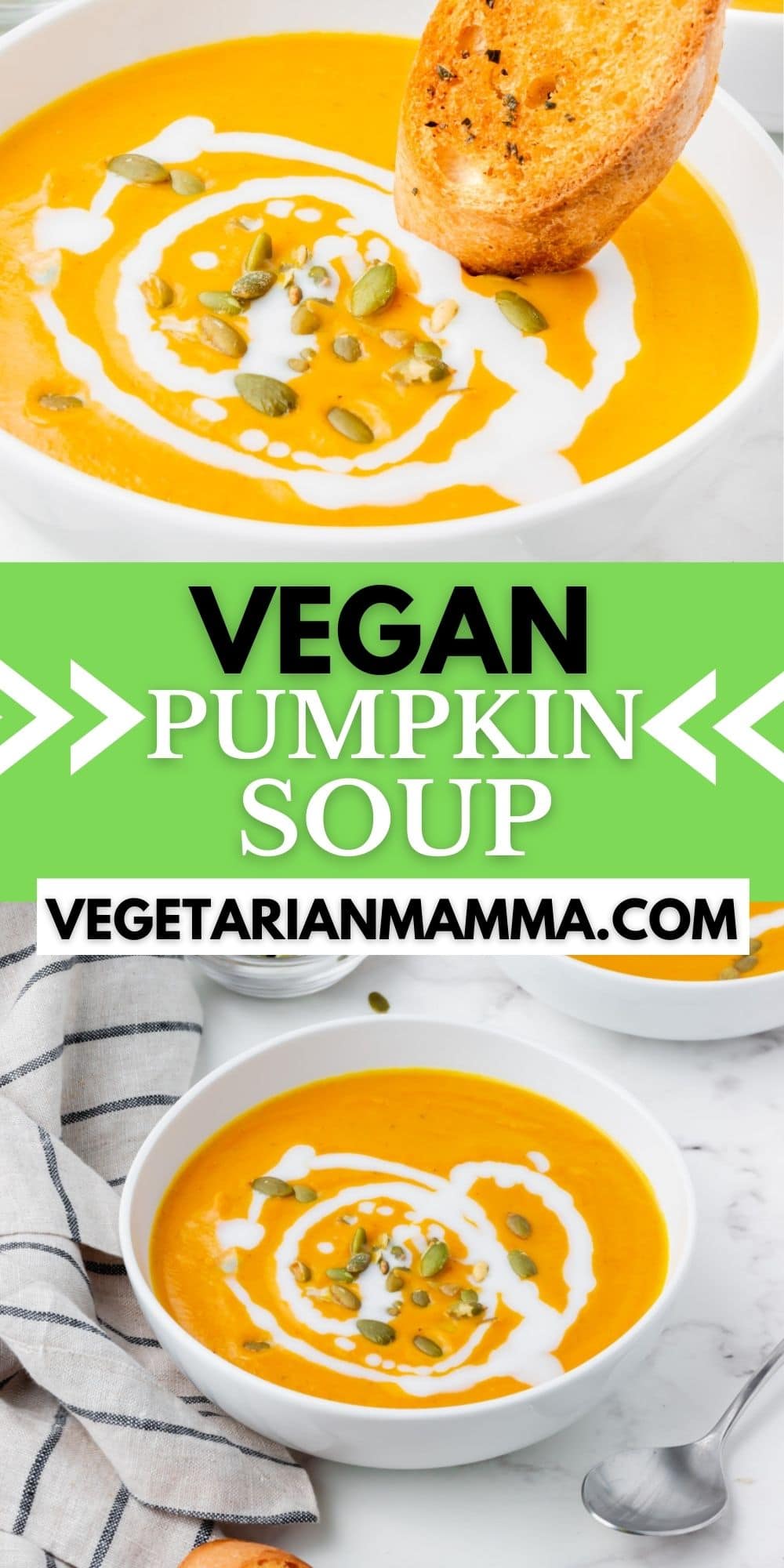 Vegan Pumpkin Soup is the thick and creamy fall soup of your dreams! Make the most luscious soup with canned pumpkin puree and coconut milk topped with pumpkin seeds for a yummy crunch.