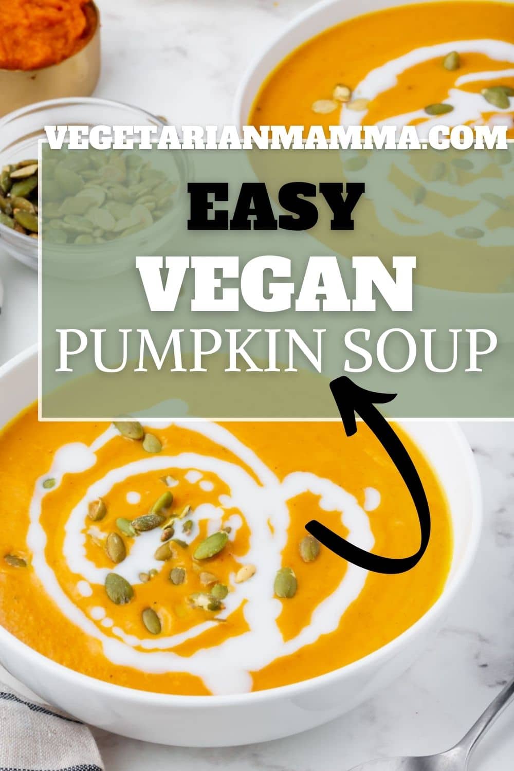 Vegan Pumpkin Soup is the thick and creamy fall soup of your dreams! Make the most luscious soup with canned pumpkin puree and coconut milk topped with pumpkin seeds for a yummy crunch.