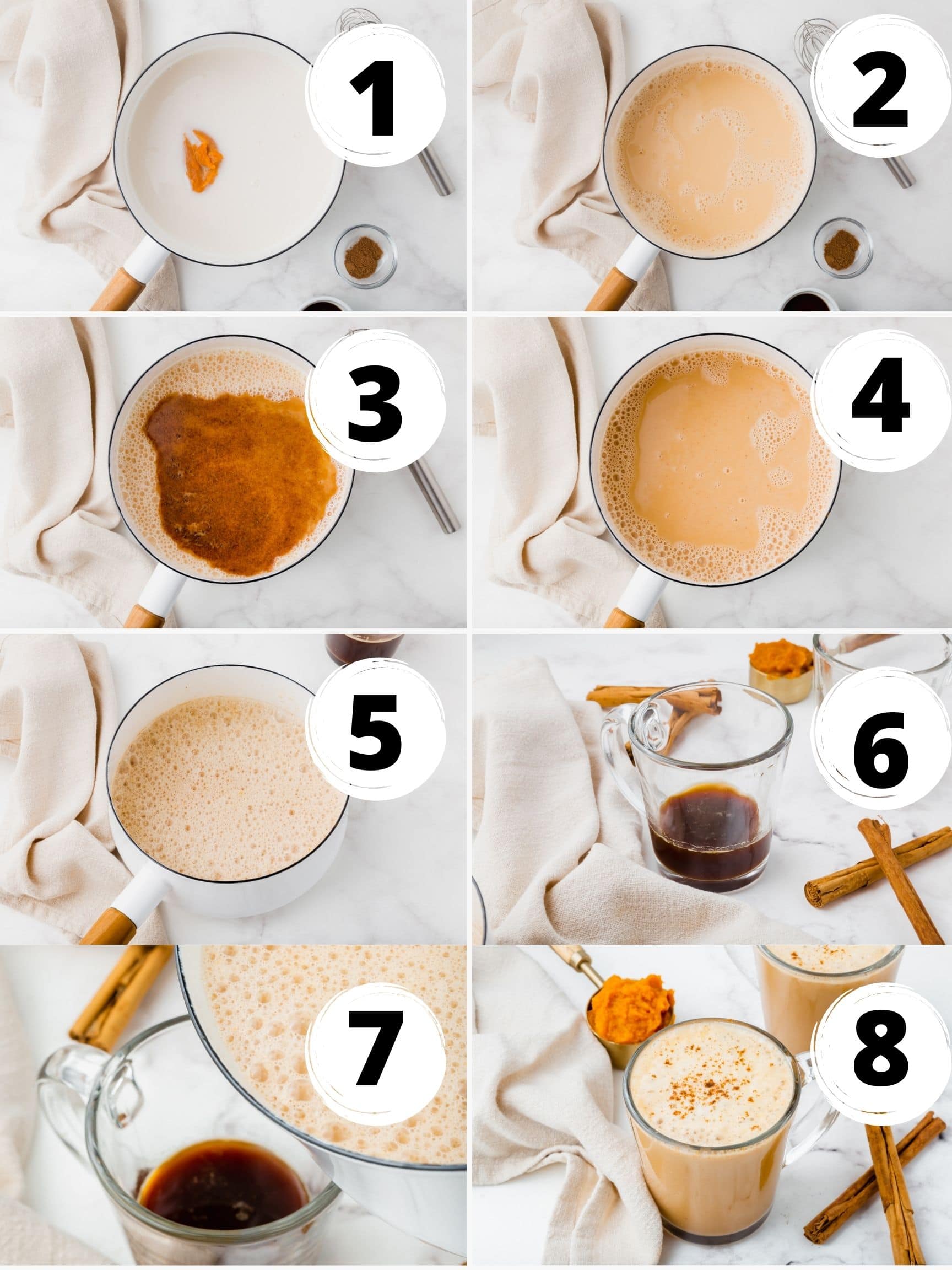 Collage of 8 steps to make vegan pumpkin spice lattes with frothy dairy-free milk on top