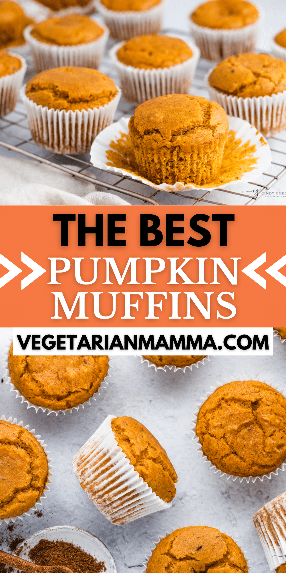 An unwrapped pumpkin muffin on a wire cooling rack in front of more muffins with overlay text