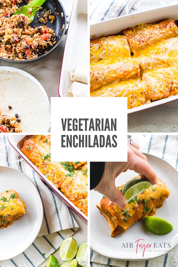 Vegetarian Enchiladas are a hearty and comforting weeknight meal! These tortillas are stuffed with tofu, rice, and beans and smothered in a smooth enchilada sauce. #tofu #vegetarian #mexican