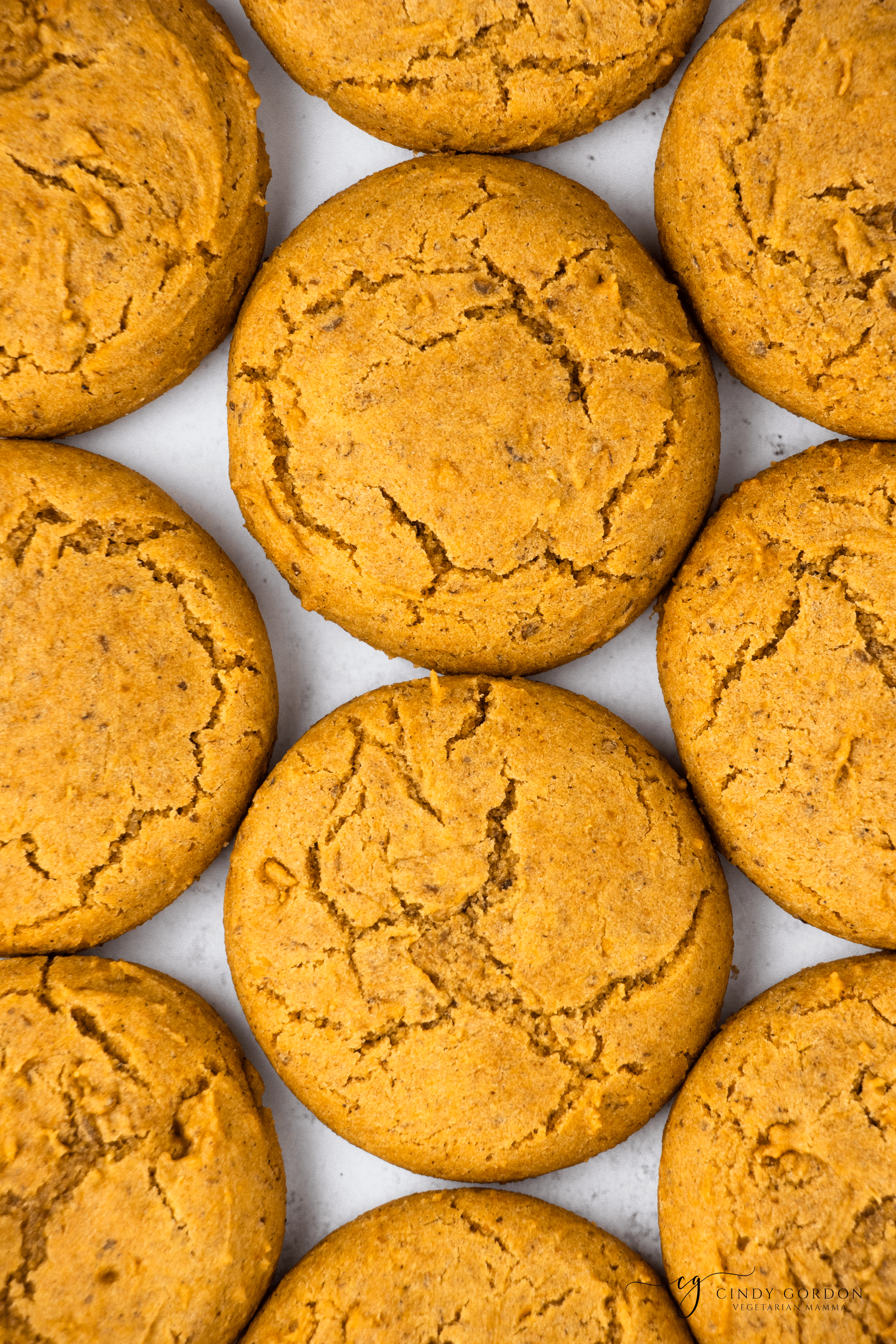 Overhead shot of a grid of fluffy vegan pumpkin cookies 