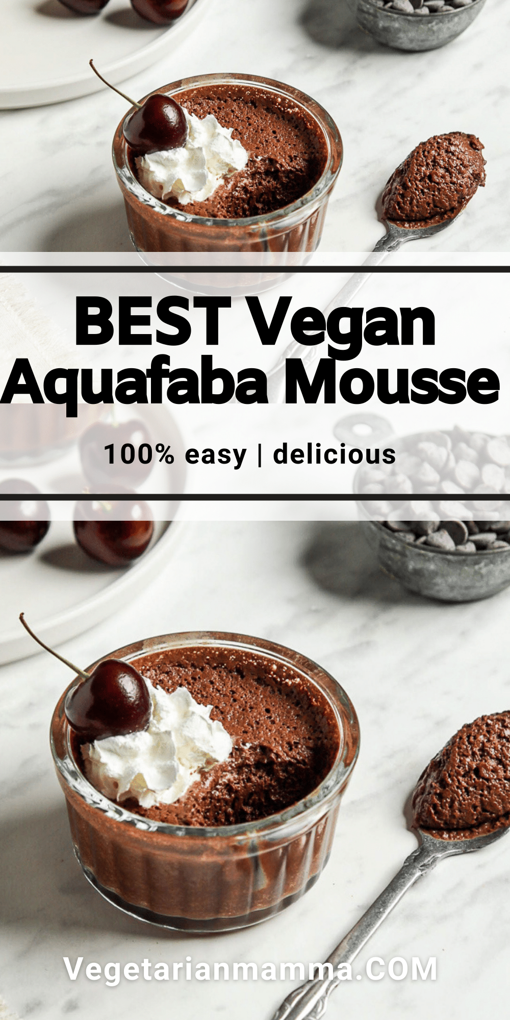 images of aquafaba mousse with text overlay