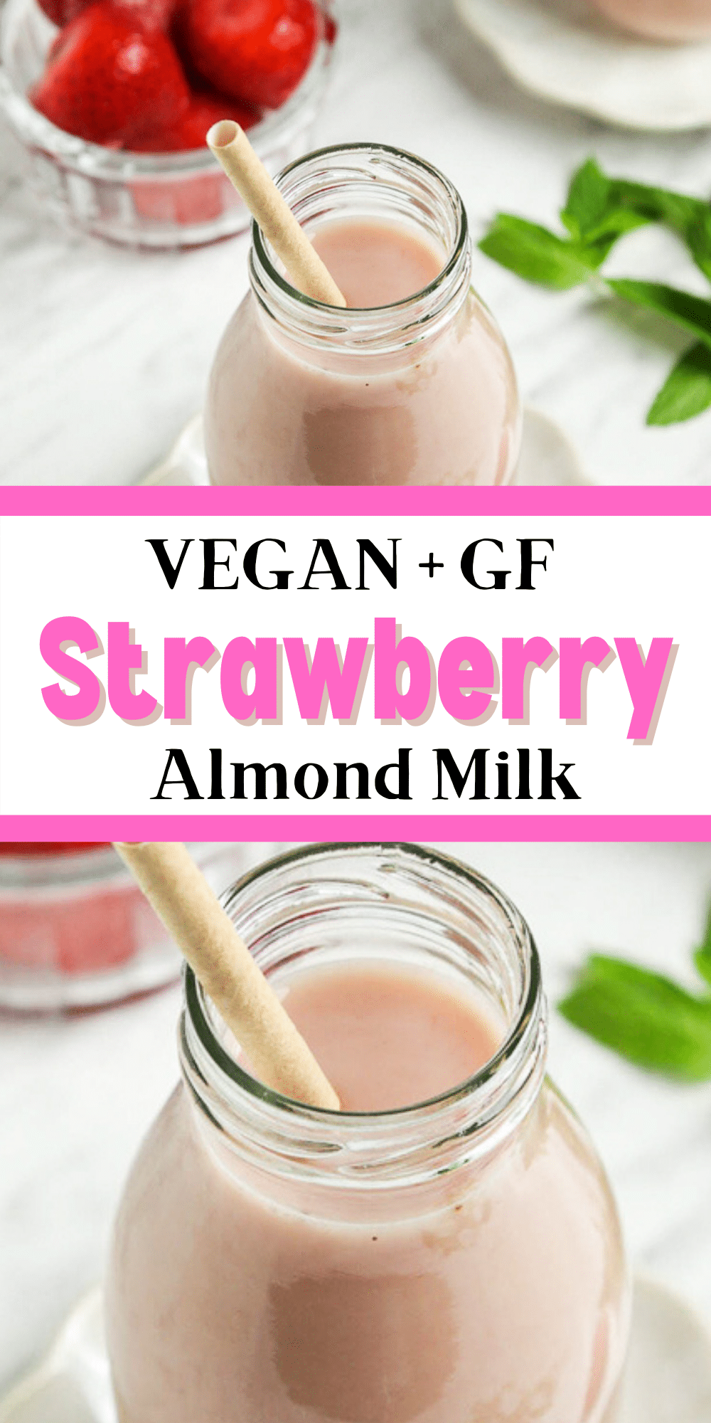 Strawberry Almond Milk is so creamy and easy with just 4 ingredients! Make this all-natural vegan strawberry milk in just 10 minutes that kids and adults alike love. #veganstrawberrymilk #drinks #mealprep