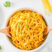 Creamy pumpkin pasta with vegan pumpkin sauce and fettuccine