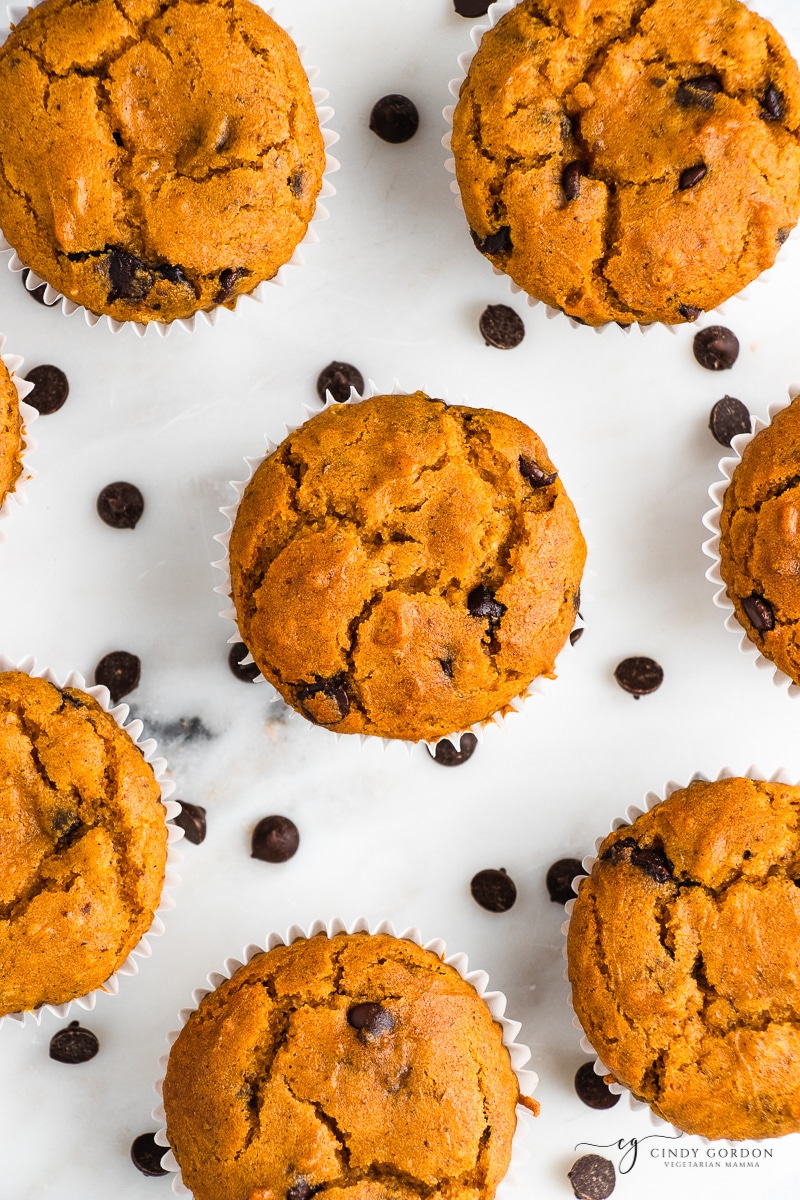 Vegan pumpkin chocolate chip muffins on a counter surrounded by chocolate chips