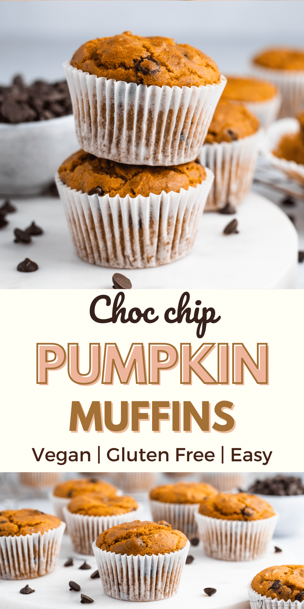 Have a craving for some pumpkin spice goodness plus some chocolate? I have you covered with this easy recipe for Vegan Pumpkin Chocolate Chip Muffins! #pumpkinmuffins #veganmuffins