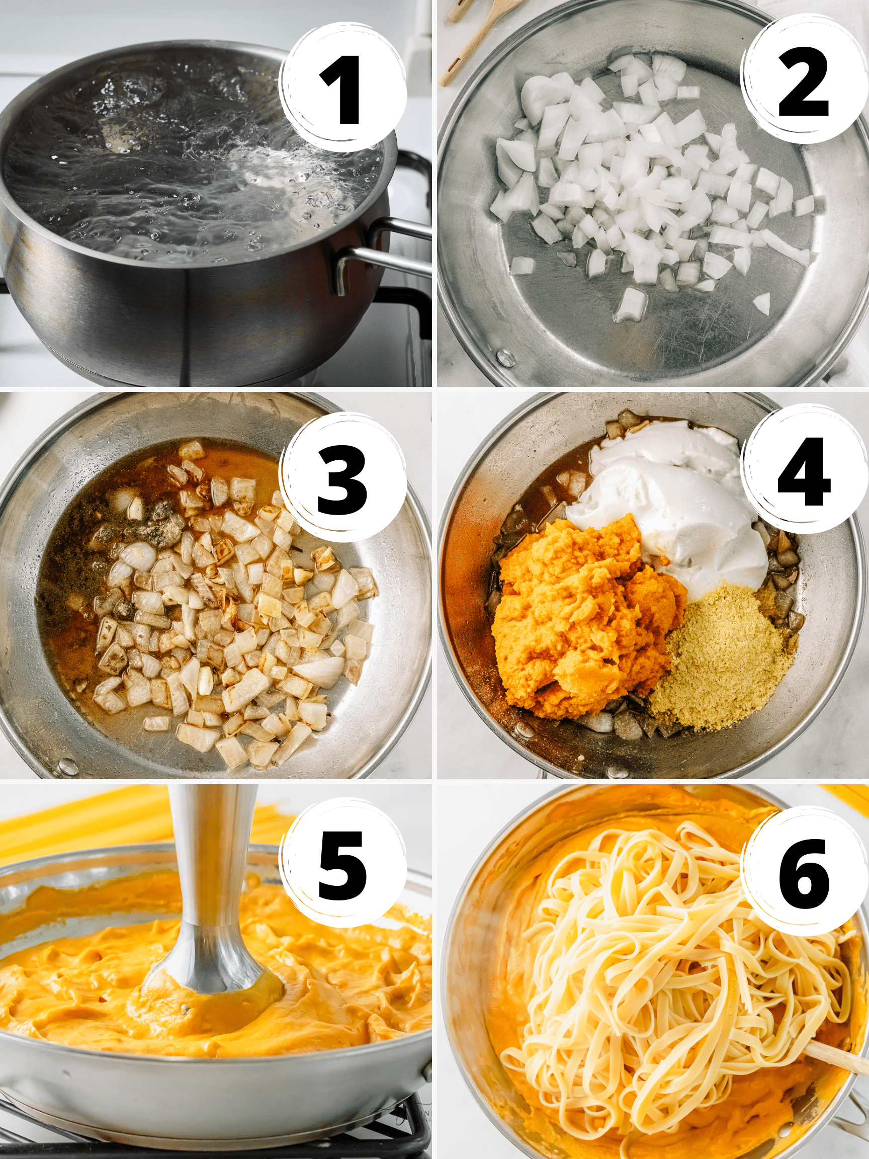 photo collage showing six steps needed to make vegan pumpkin pasta