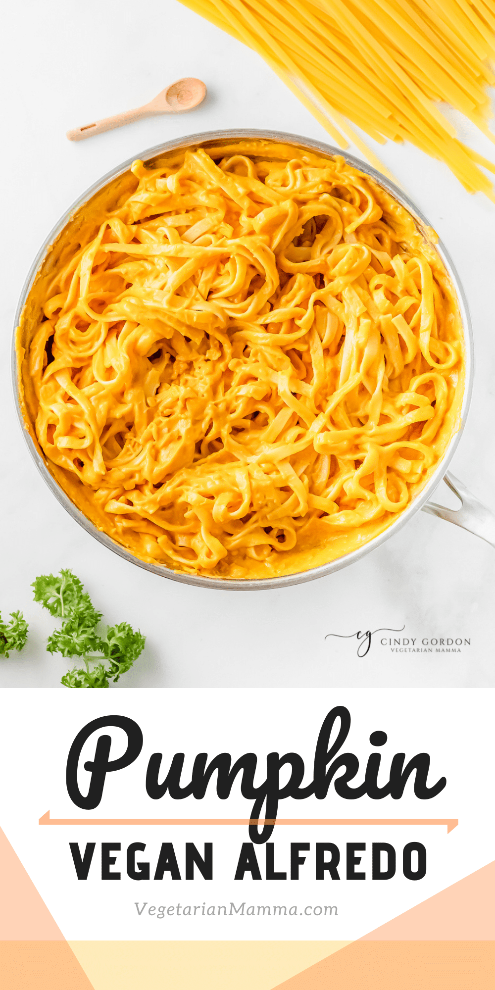 Vegan Pumpkin Alfredo is a pumpkin pasta dish that's rich, savory, and perfect for fall. Pumpkin puree, vegan cheese subs and delicious Italian flavors come together to create a creamy, delightful meal for your family. #veganpumpkinalfredo #pumpkinpasta